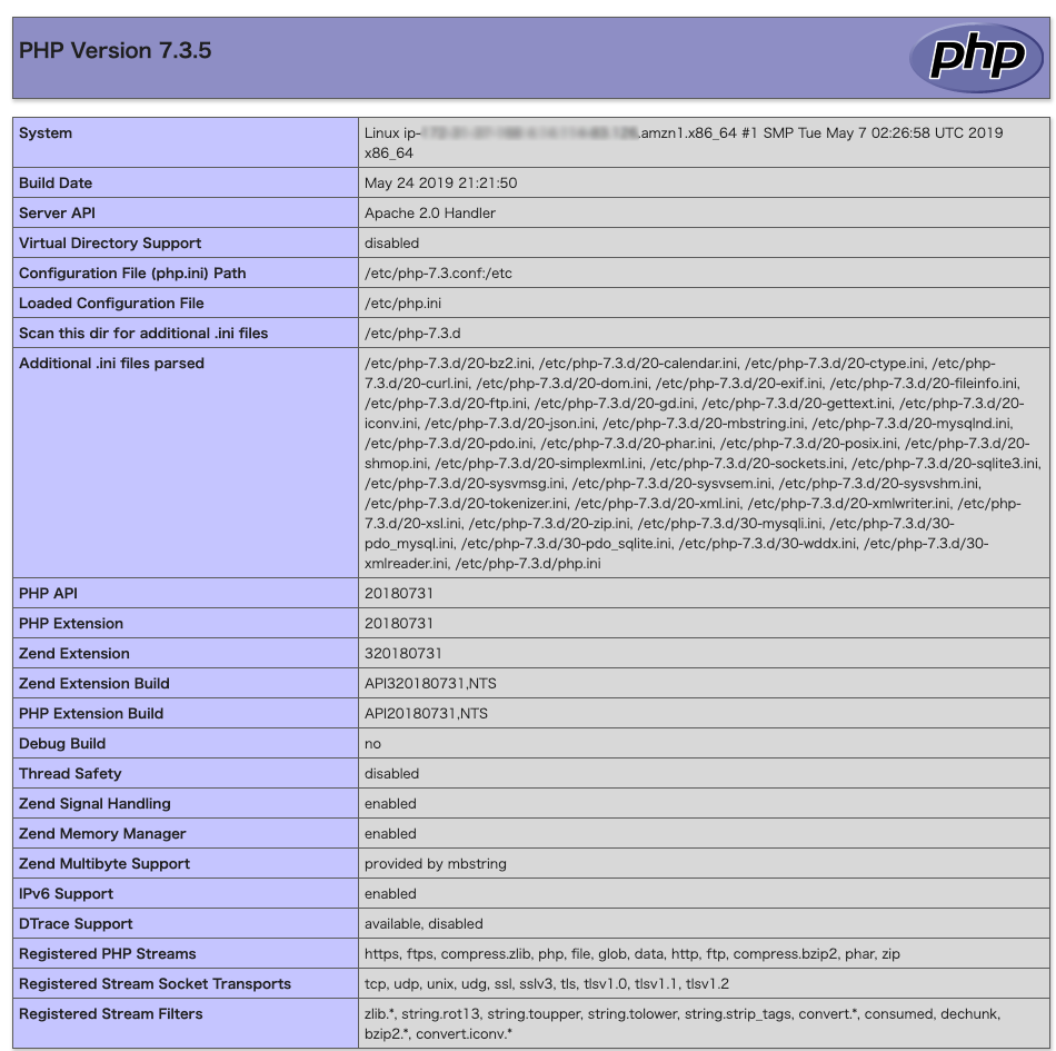 phpinfo情報の画面キャプチャー