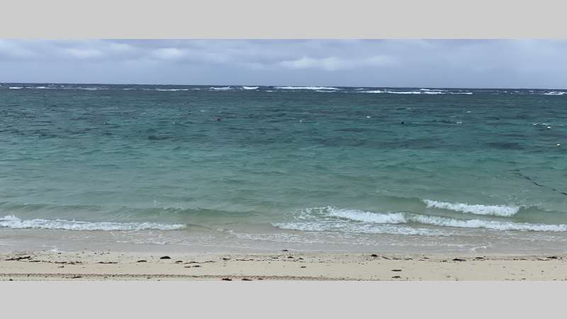 砂浜、海、水平線。上下にグレーの余白が入って16:9に収まっている