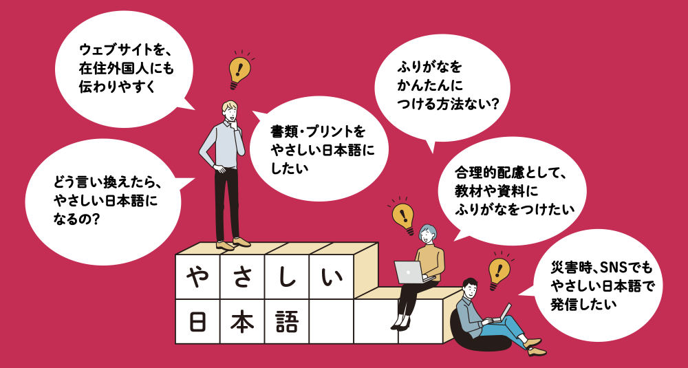 キャンペーン用のビジュアル。ウェブサイトを在住外国人にも伝わりやすく、害類・プリントをやさしい日本語に したい、どう言い換えたら、やさしい日本語になるの？、ふりがなをかんたんにつける方法ない？、合理的配慮として、教材や資料に ふりがなをつけたい、災害時、SNSでもやさしい日本語で発信したい
