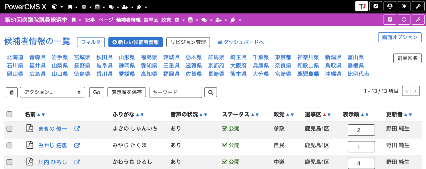 候補者一覧画面の上部に選挙区の絞り込みリンクを追加