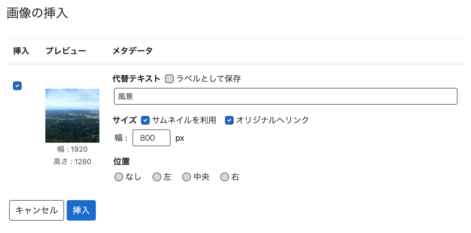 画像の挿入設定画面