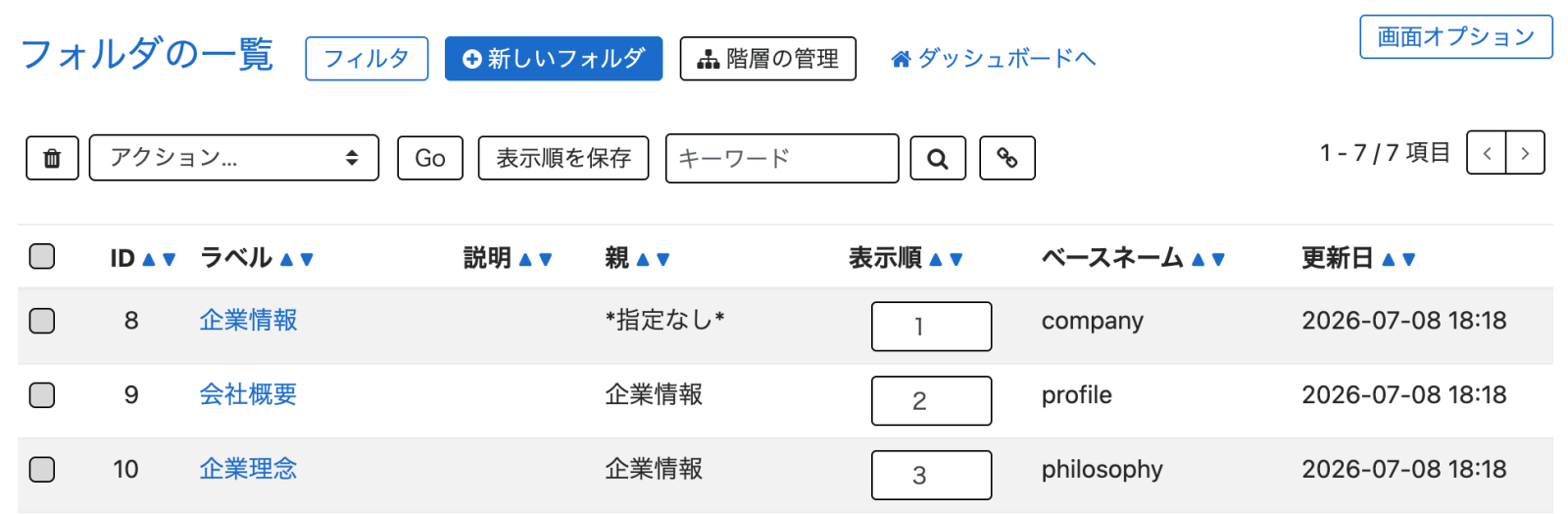 フォルダの一覧